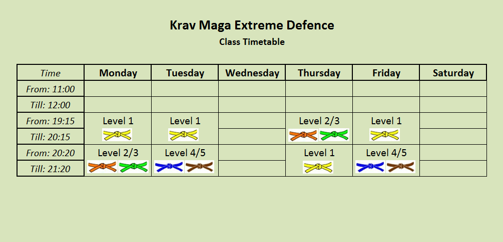 Krav Maga Extreme Defence timetable